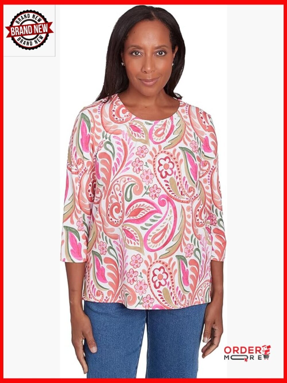 Embellished Crewneck Paisley Top - 3/4 Sleeve Tunic